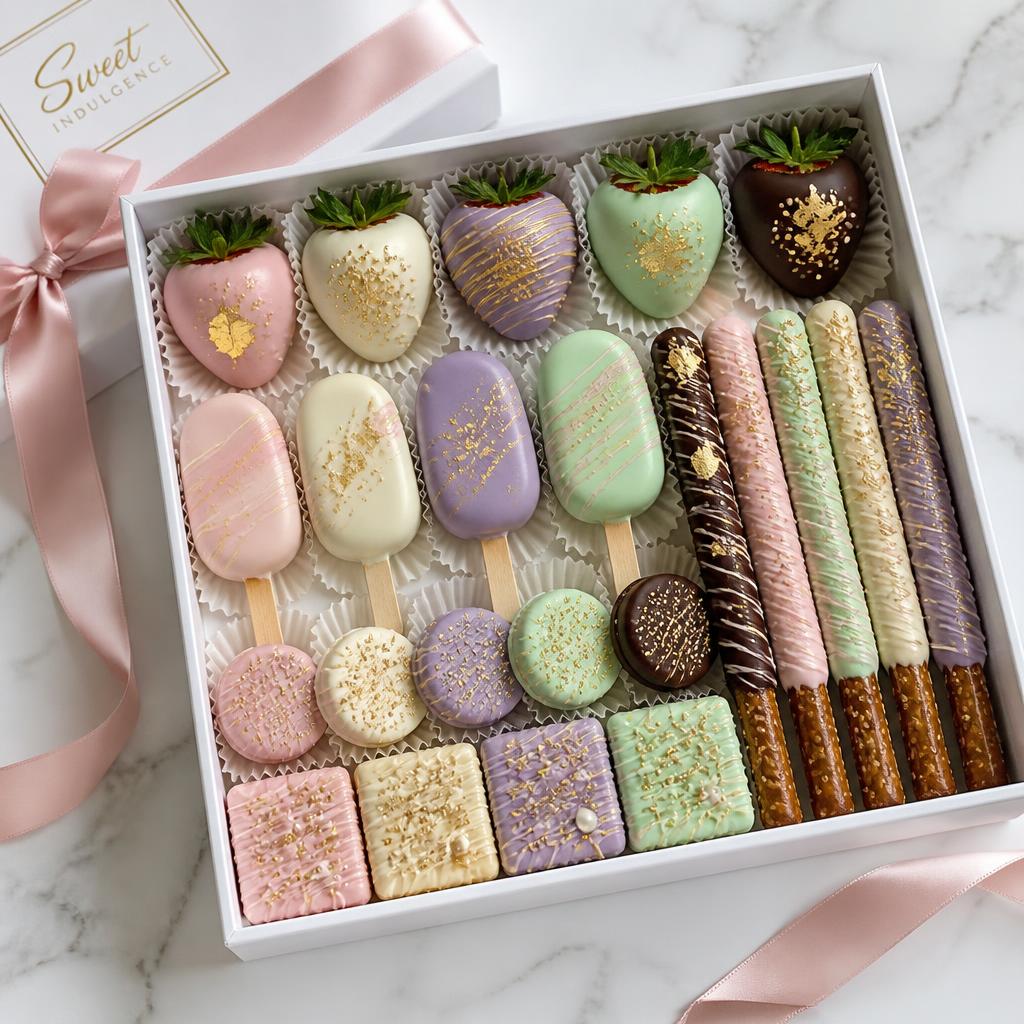 A hand-packed gift box of Markibella Treats desserts tied with pink ribbon
